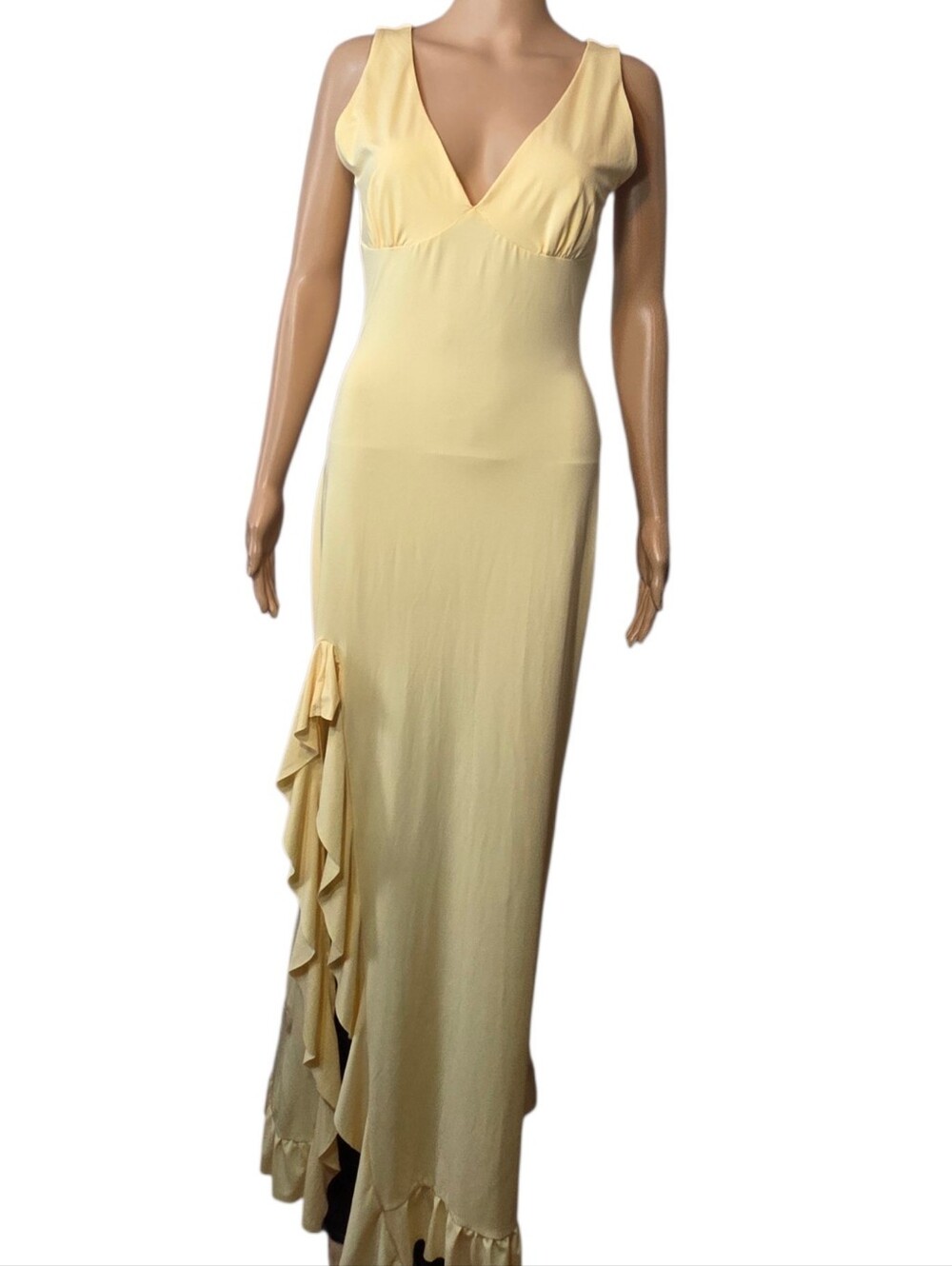 Dress Yellow Long Ruffles Vneck Sleeveless Womens Size Large